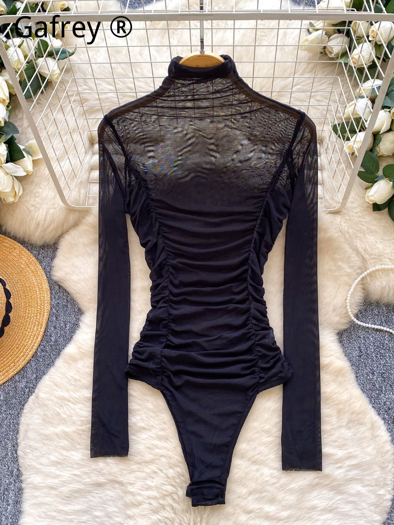 Turtleneck Bodysuit Office - Body de malla gris sexy fruncido