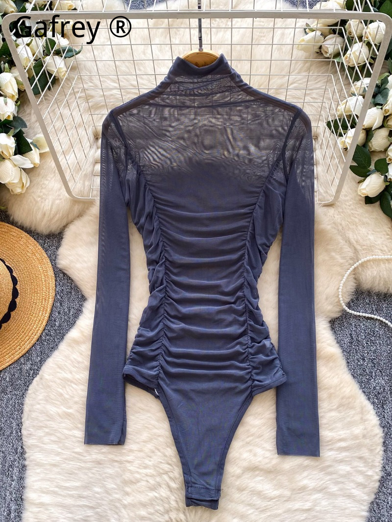 Body de malla gris sexy frunci - Turtleneck Bodysuit Office reseña y precio