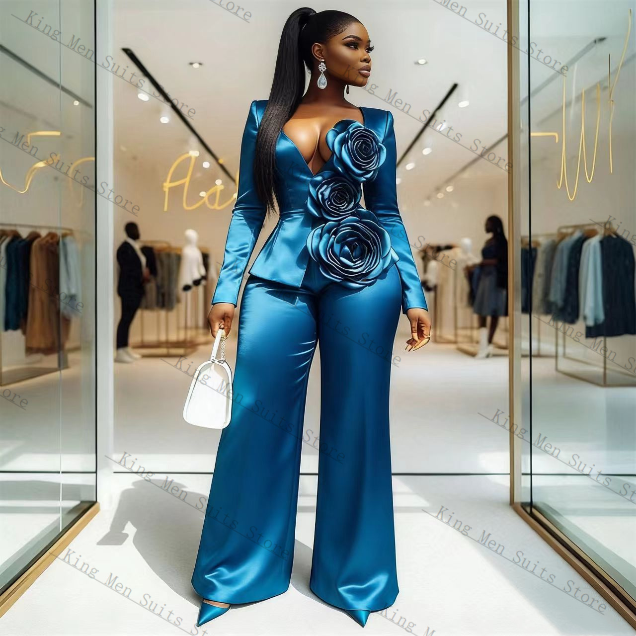 Conjunto de Traje Azul Satinad - Women Formal Wear Trousers reseña y precio